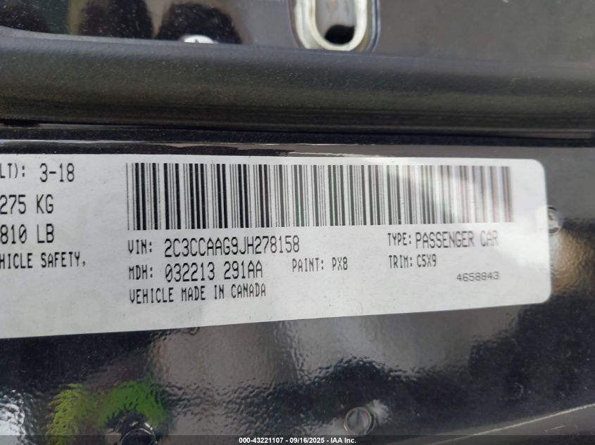 2018 Chrysler 300 Touring VIN: 2C3CCAAG9JH278158 Lot: 43221107