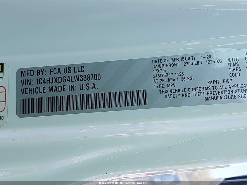 2020 JEEP WRANGLER UNLIMITED SPORT S 4X4 - 1C4HJXDG4LW338700