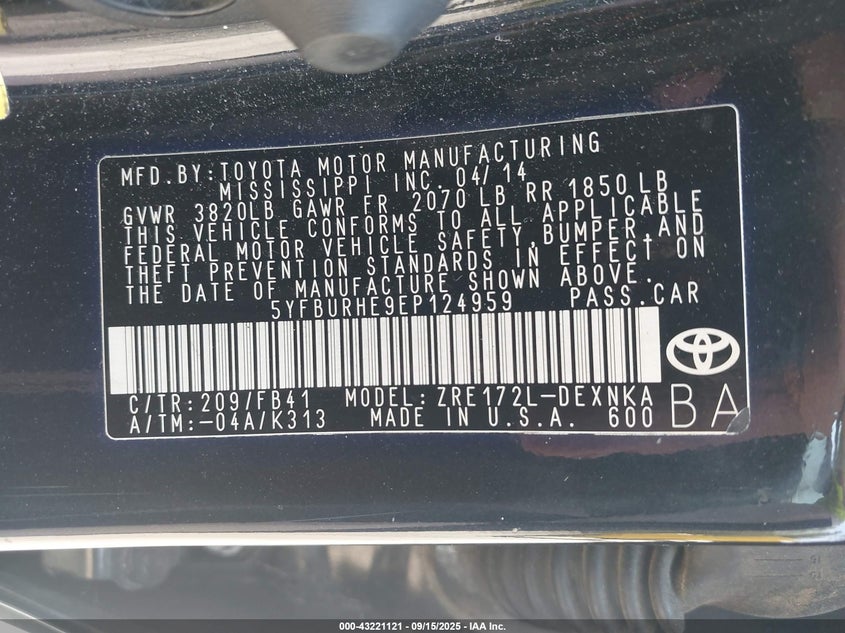 2014 Toyota Corolla Le VIN: 5YFBURHE9EP124959 Lot: 43221121