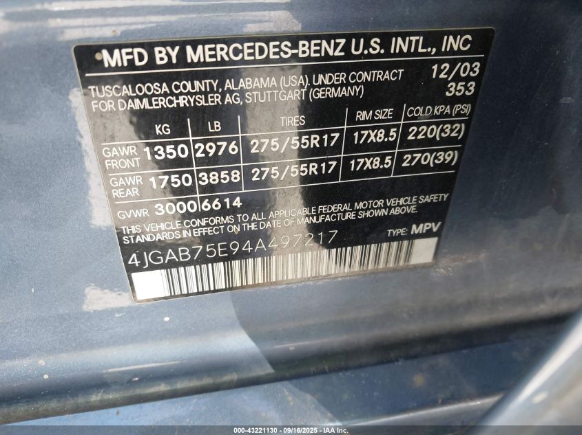 2004 Mercedes-Benz Ml 500 4Matic VIN: 4JGAB75E94A497217 Lot: 43221130