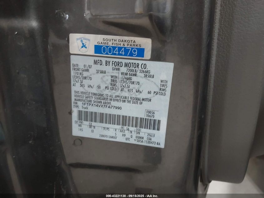 2007 Ford F-150 Fx4/Lariat/Xl/Xlt VIN: 1FTPX14VX7FA77990 Lot: 43221138
