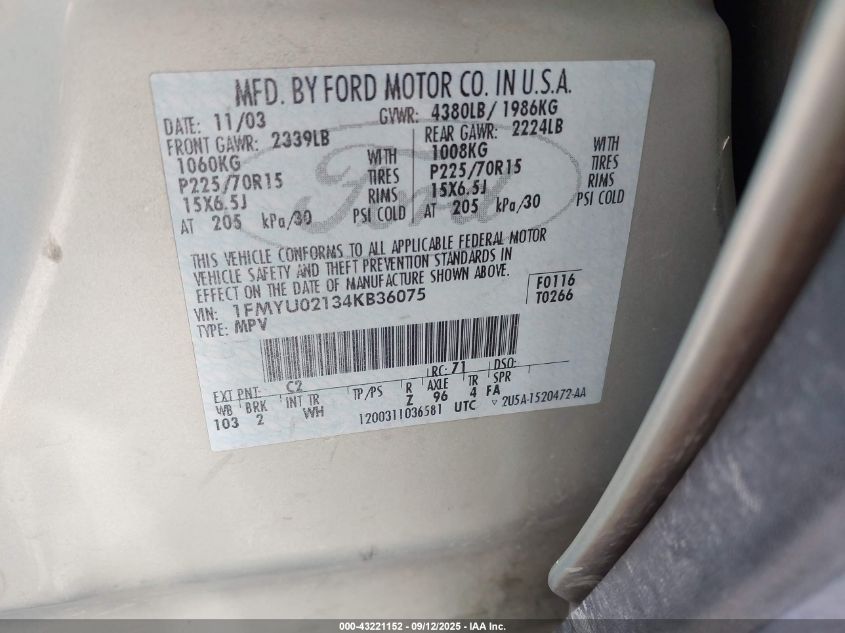 2004 Ford Escape Xls VIN: 1FMYU02134KB36075 Lot: 43221152