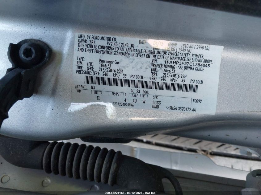 2012 Ford Focus Se VIN: 1FAHP3F27CL384845 Lot: 43221168