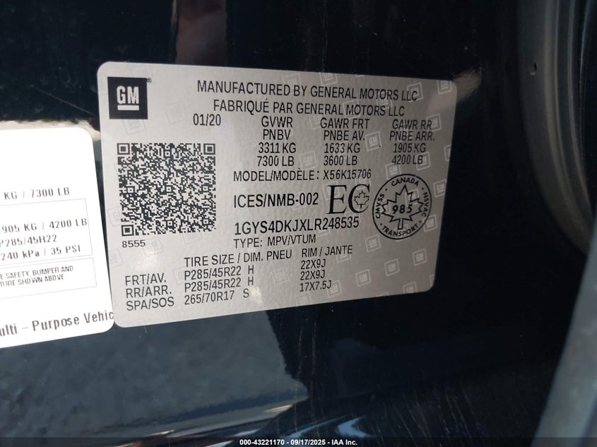 2020 CADILLAC ESCALADE 4WD PLATINUM - 1GYS4DKJXLR248535