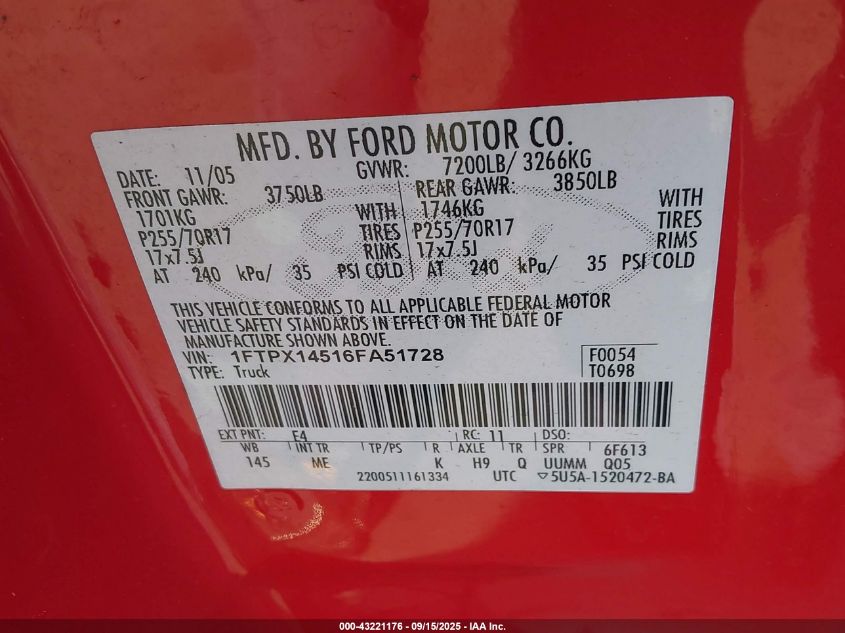 2006 Ford F-150 Fx4/Lariat/Xl/Xlt VIN: 1FTPX14516FA51728 Lot: 43221176