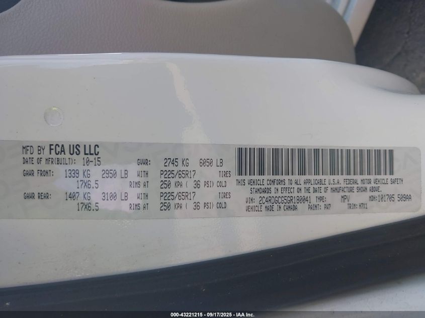 2016 Dodge Grand Caravan Sxt VIN: 2C4RDGCG5GR180041 Lot: 43221215