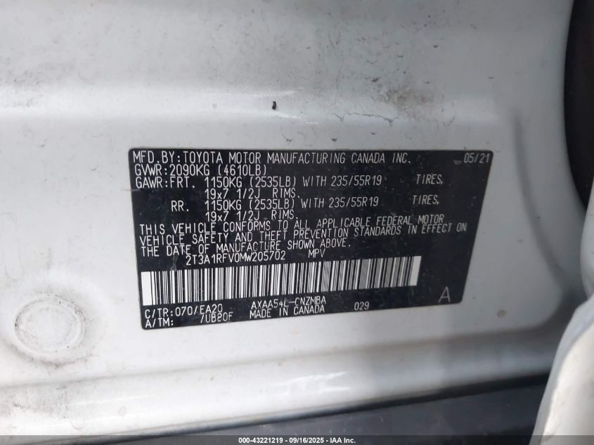 2021 Toyota Rav4 Xle Premium VIN: 2T3A1RFV0MW205702 Lot: 43221219