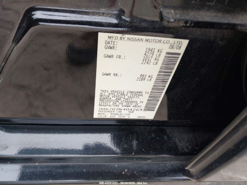 2009 Nissan Altima 2.5/2.5S VIN: 1N4AL21E39N404269 Lot: 43221221