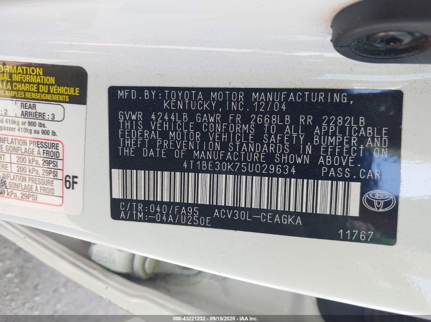 2005 Toyota Camry Xle VIN: 4T1BE30K75U029634 Lot: 43221232