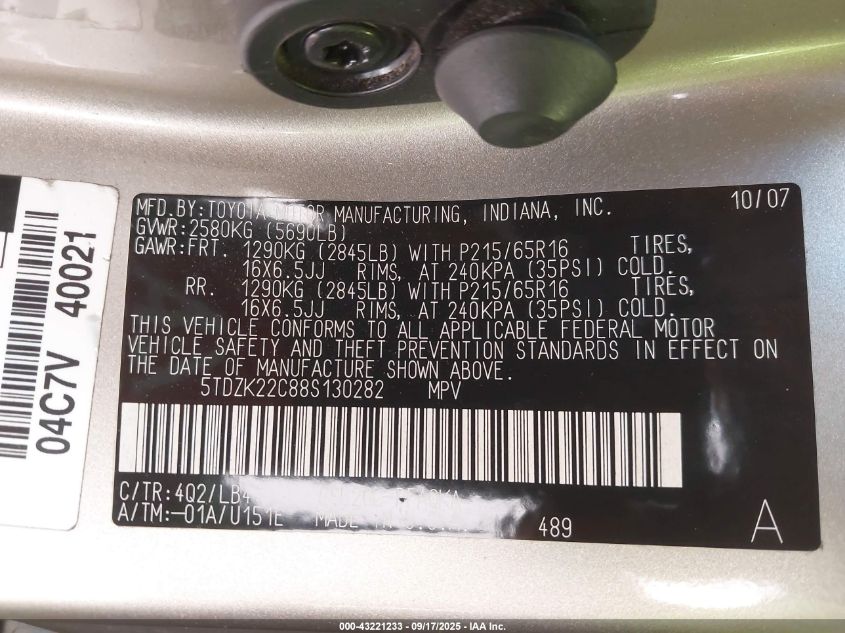 2008 Toyota Sienna Xle VIN: 5TDZK22C88S130282 Lot: 43221233