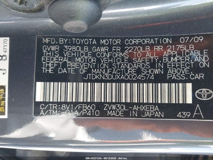 2010 Toyota Prius Iii VIN: JTDKN3DUXA0024574 Lot: 43221234