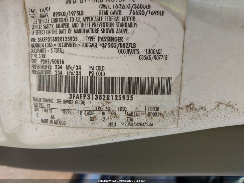 2002 Ford Focus Zx3 VIN: 3FAFP31382R125935 Lot: 43221241