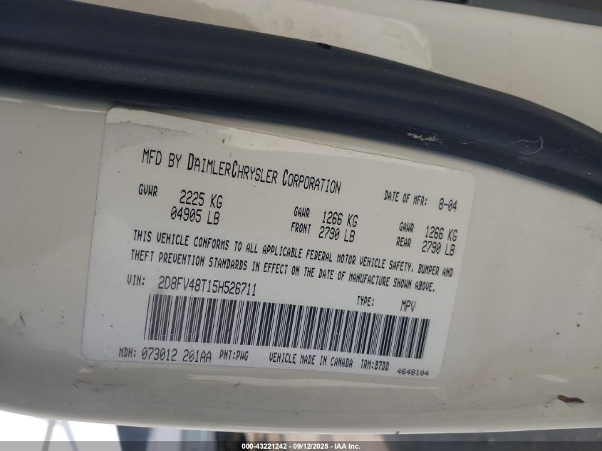 2005 Dodge Magnum Se VIN: 2D8FV48T15H526711 Lot: 43221242