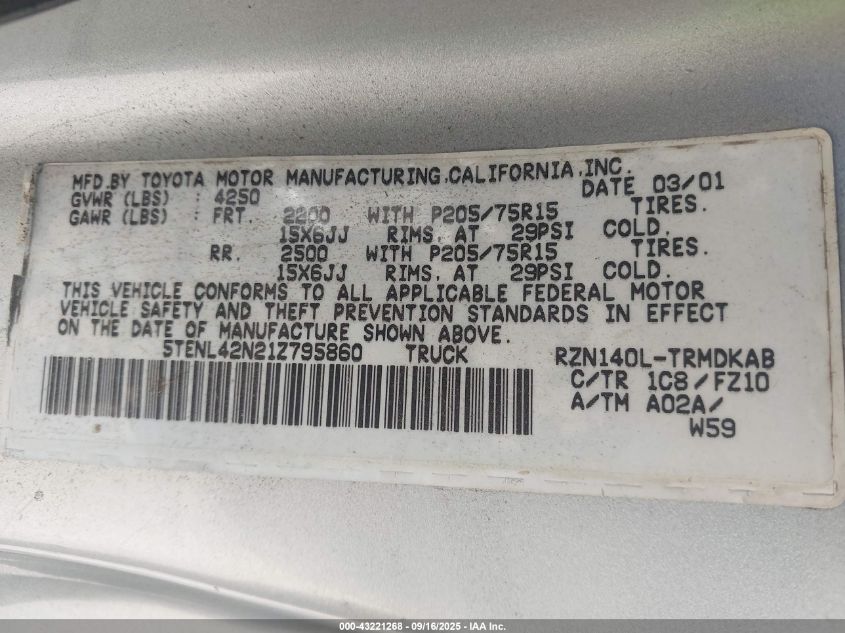2001 Toyota Tacoma VIN: 5TENL42N21Z795860 Lot: 43221268
