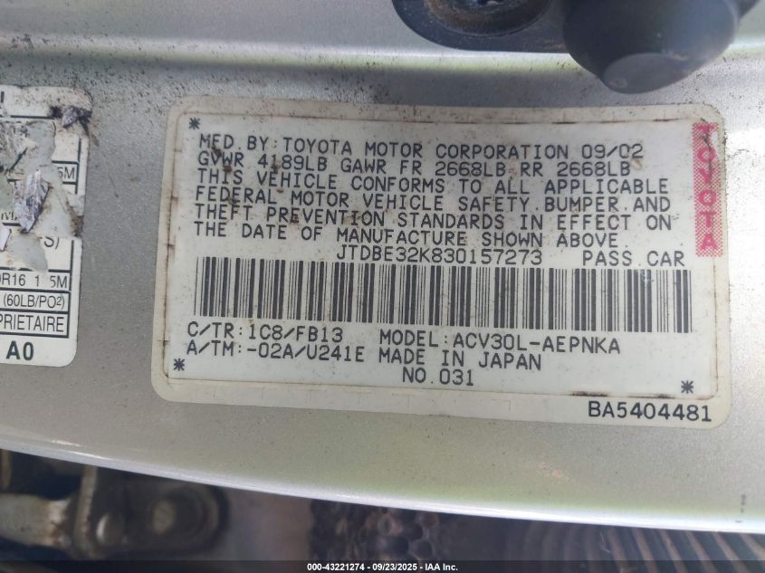 2003 Toyota Camry Le VIN: JTDBE32K830157273 Lot: 43221274