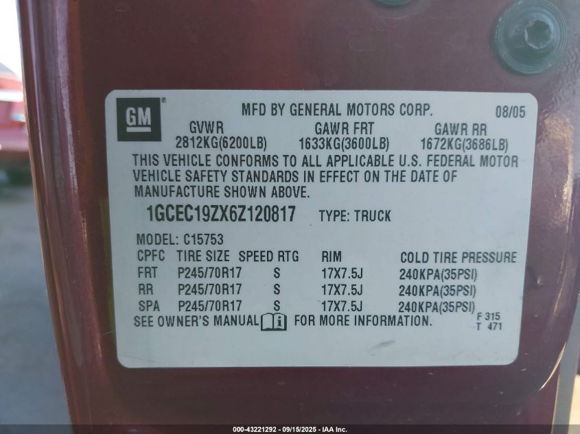 2006 Chevrolet Silverado 1500 Lt1 VIN: 1GCEC19ZX6Z120817 Lot: 43221292