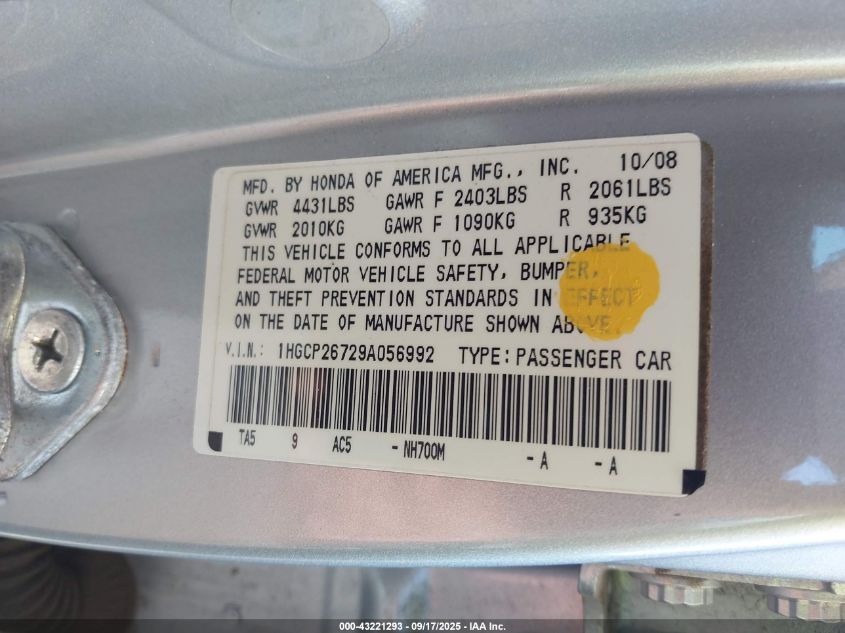 2009 Honda Accord 2.4 Ex VIN: 1HGCP26729A056992 Lot: 43221293