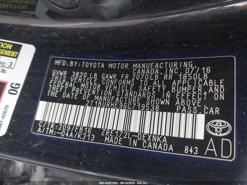 2016 Toyota Corolla Le VIN: 2T1BURHE9GC719538 Lot: 43221303