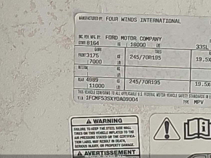 2001 Ford F550 Super Duty Stripped Chass VIN: 1FCMF53SXY0A09004 Lot: 43221304