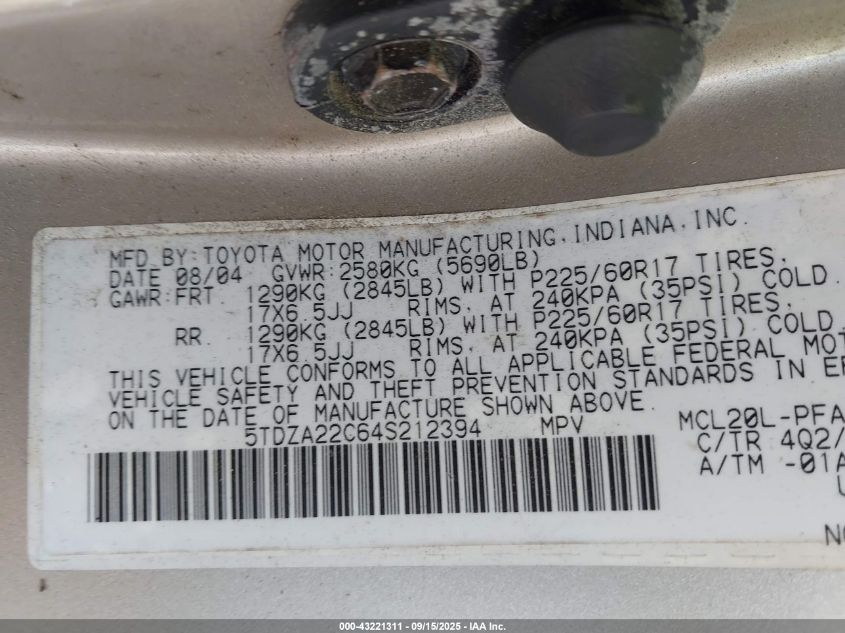 2004 Toyota Sienna Xle VIN: 5TDZA22C64S212394 Lot: 43221311