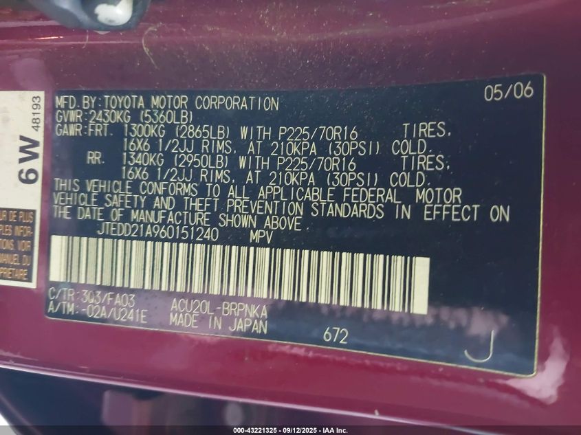 2006 Toyota Highlander VIN: JTEDD21A960151240 Lot: 43221325