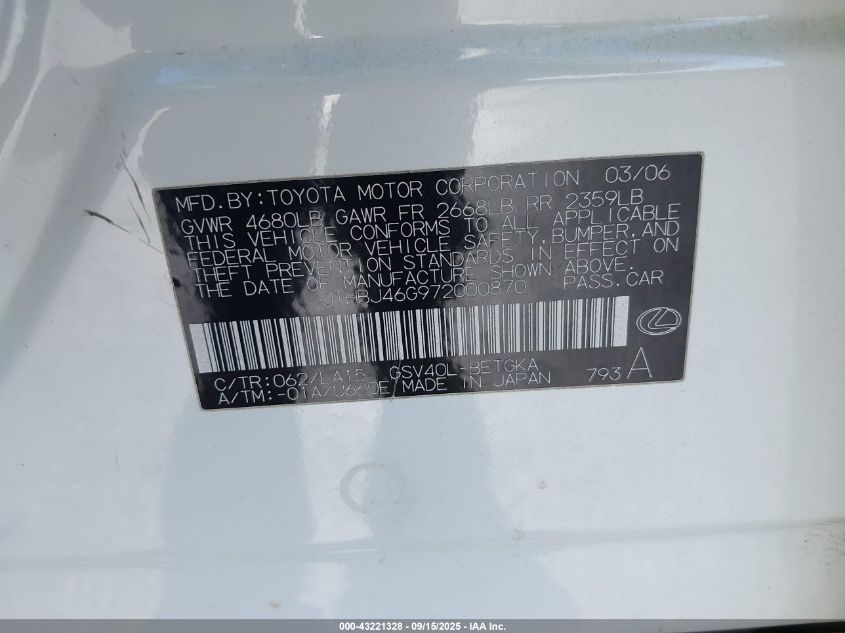 2007 Lexus Es 350 VIN: JTHBJ46G972000870 Lot: 43221328