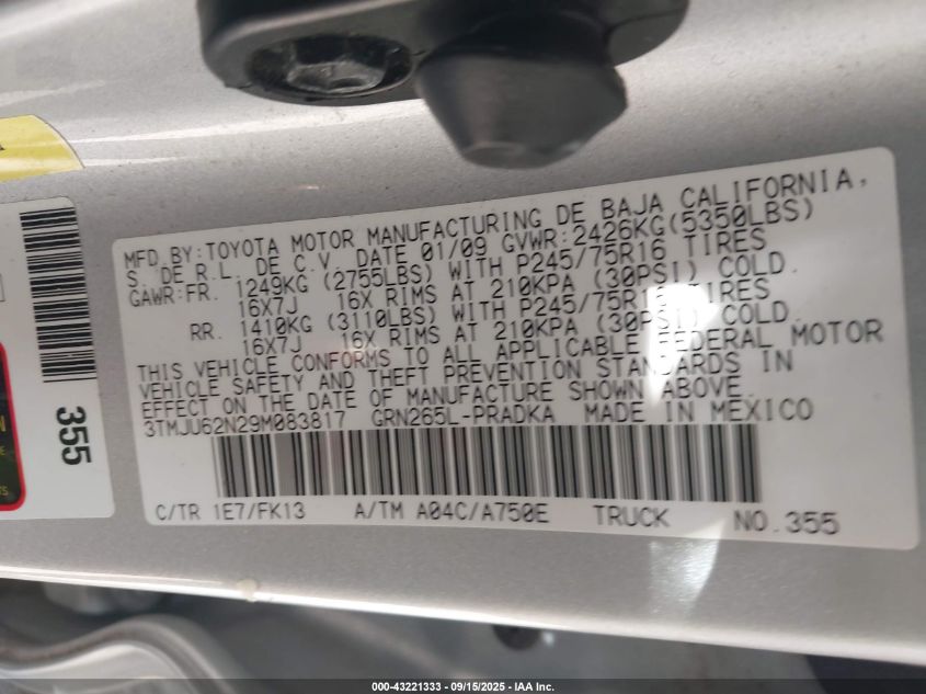 2009 Toyota Tacoma Prerunner V6 VIN: 3TMJU62N29M083817 Lot: 43221333