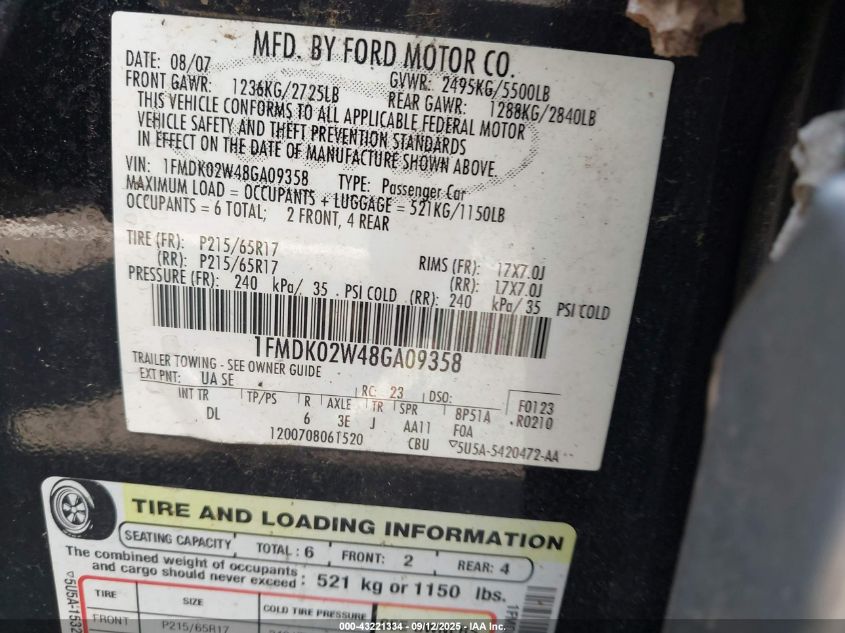 2008 Ford Taurus X Sel VIN: 1FMDK02W48GA09358 Lot: 43221334