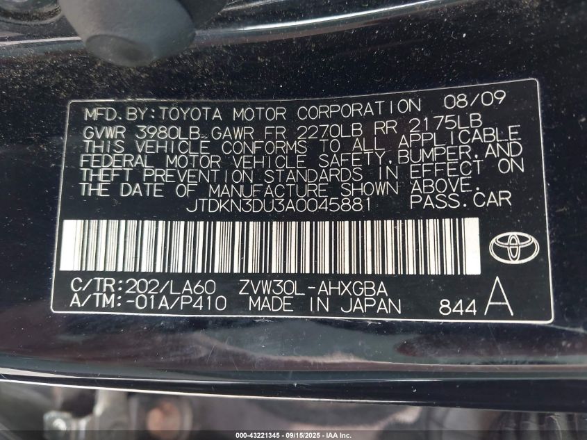 2010 Toyota Prius Iv VIN: JTDKN3DU3A0045881 Lot: 43221345