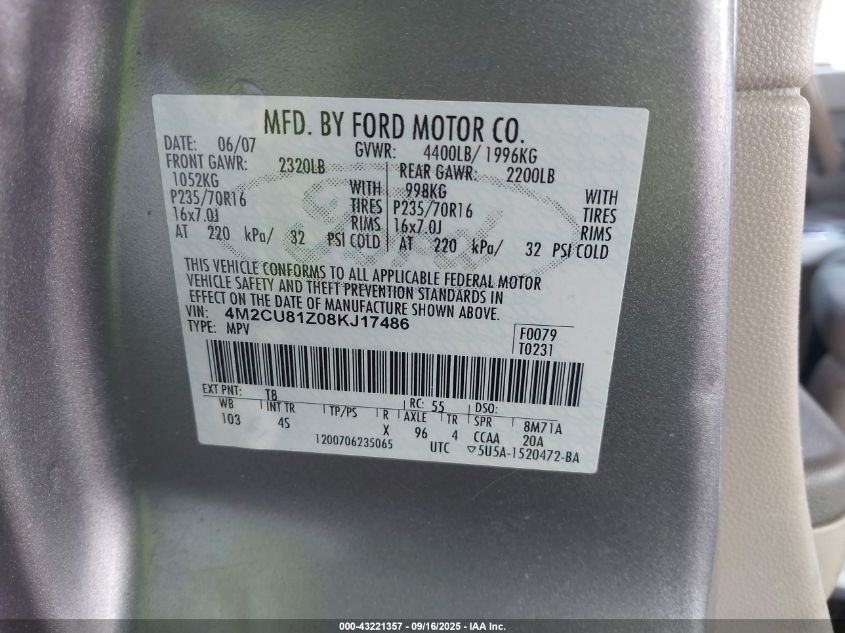 2008 Mercury Mariner I4 VIN: 4M2CU81Z08KJ17486 Lot: 43221357