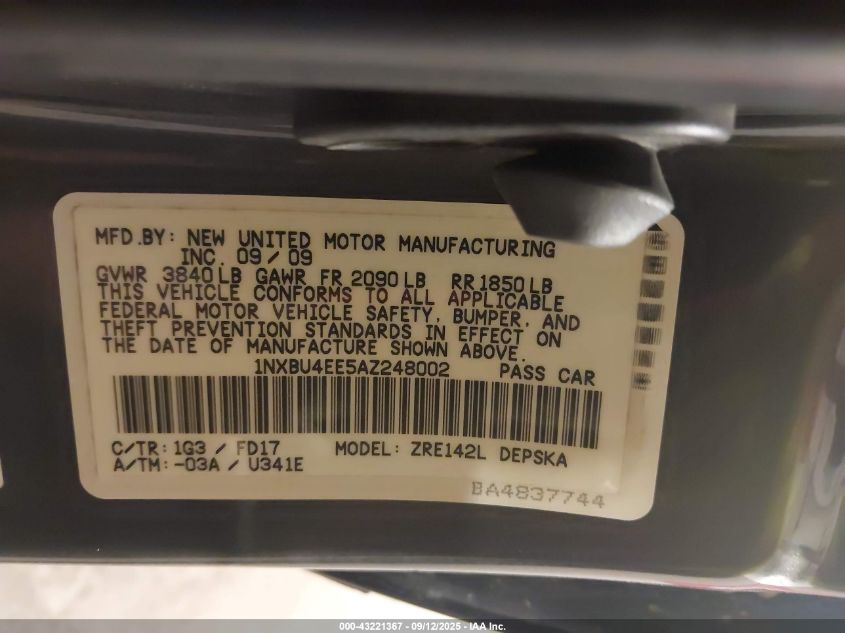 2010 Toyota Corolla S VIN: 1NXBU4EE5AZ248002 Lot: 43221367