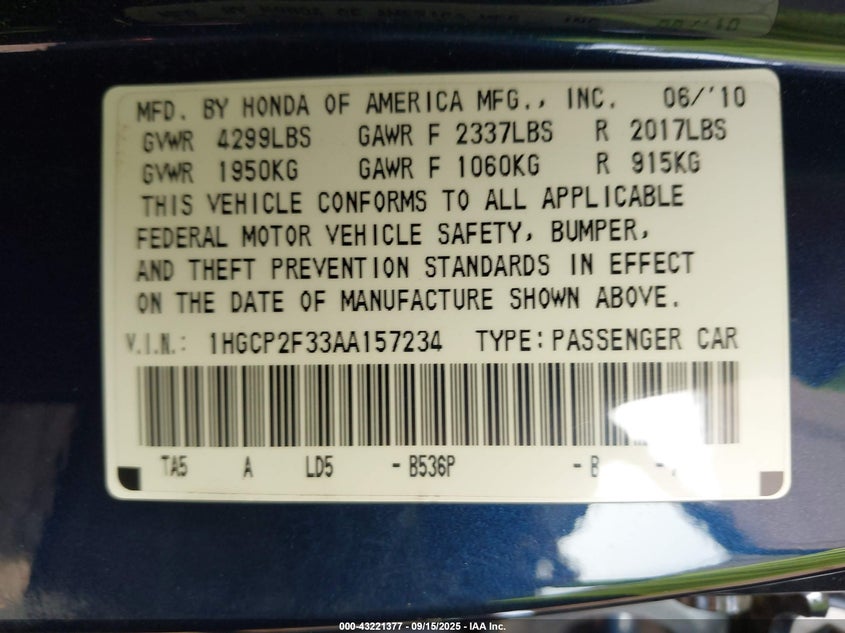 1HGCP2F33AA157234 2010 HONDA ACCORD photo no. 9