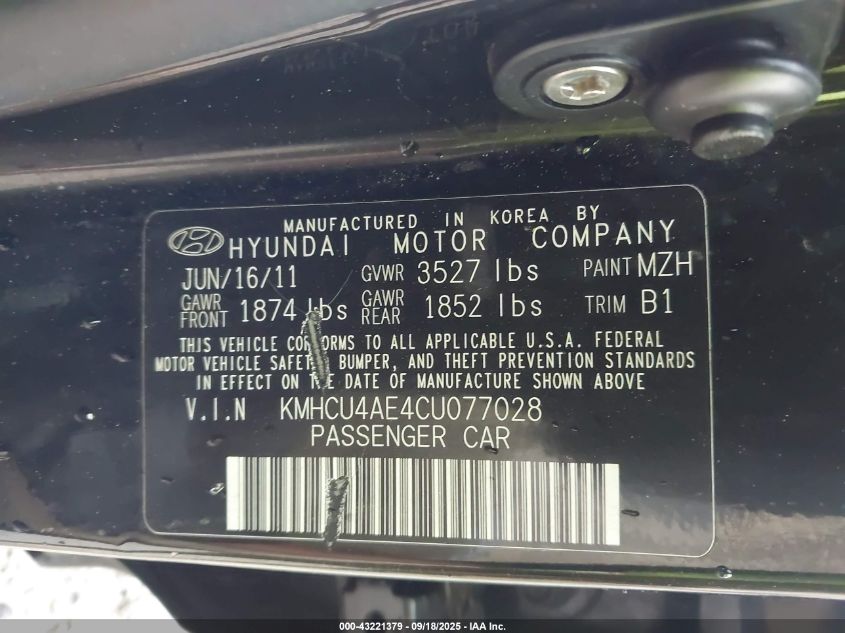 2012 Hyundai Accent Gls VIN: KMHCU4AE4CU077028 Lot: 43221379