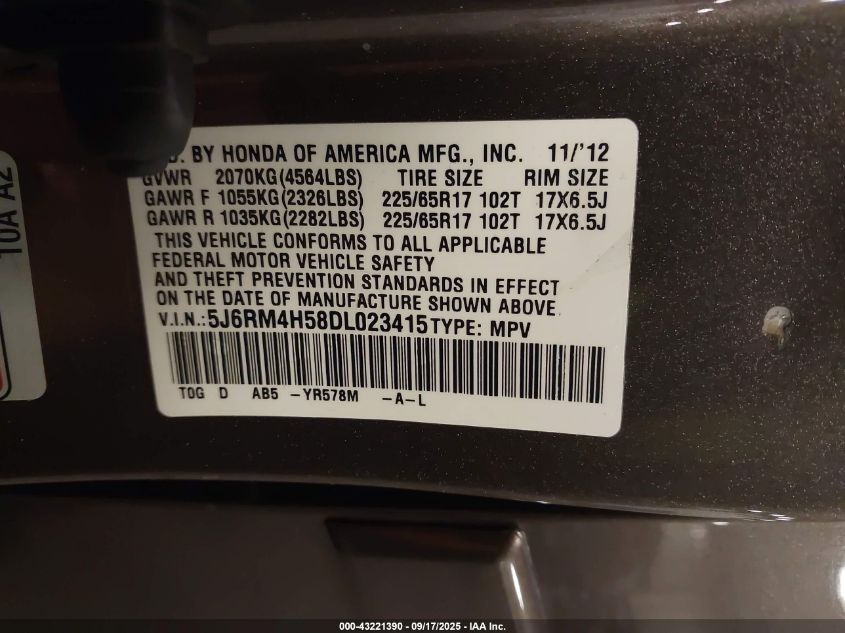 2013 Honda Cr-V Ex VIN: 5J6RM4H58DL023415 Lot: 43221390