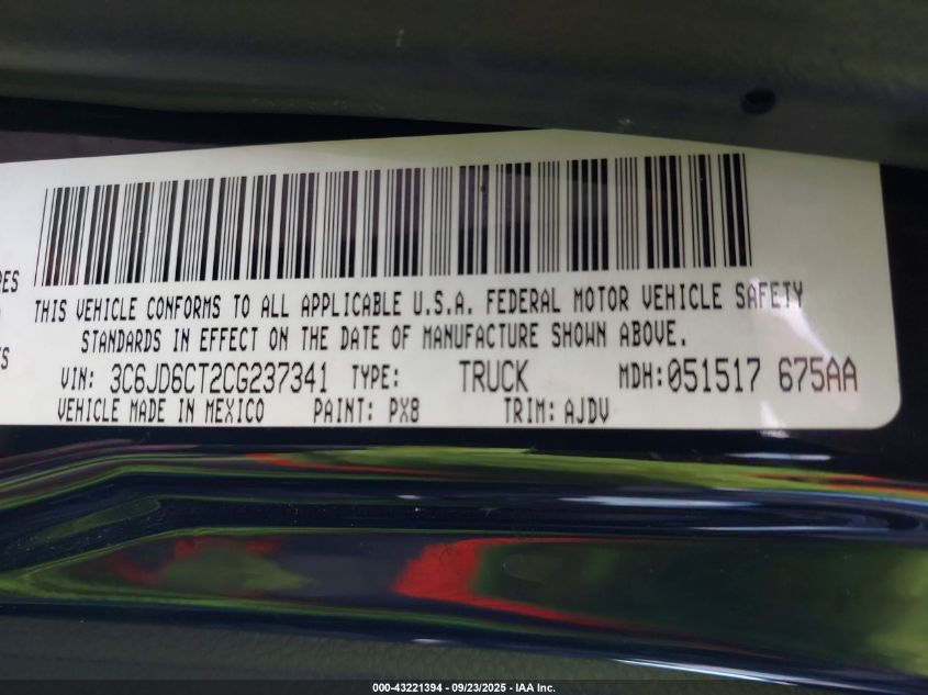 2012 Ram 1500 R/T VIN: 3C6JD6CT2CG237341 Lot: 43221394