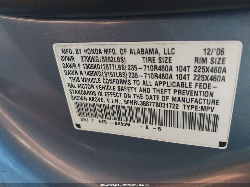 2007 Honda Odyssey Touring VIN: 5FNRL38877B031722 Lot: 43221401