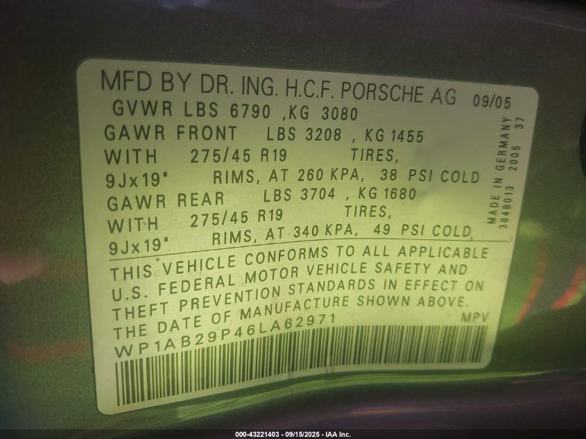 2006 Porsche Cayenne S/S Titanium Edition VIN: WP1AB29P46LA62971 Lot: 43221403