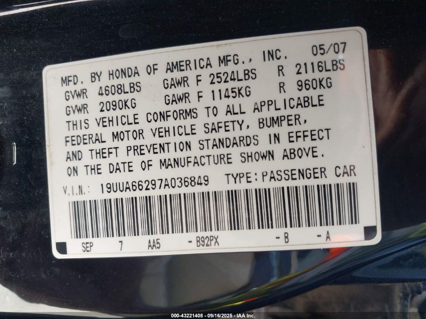 2007 Acura Tl 3.2 VIN: 19UUA66297A036849 Lot: 43221408