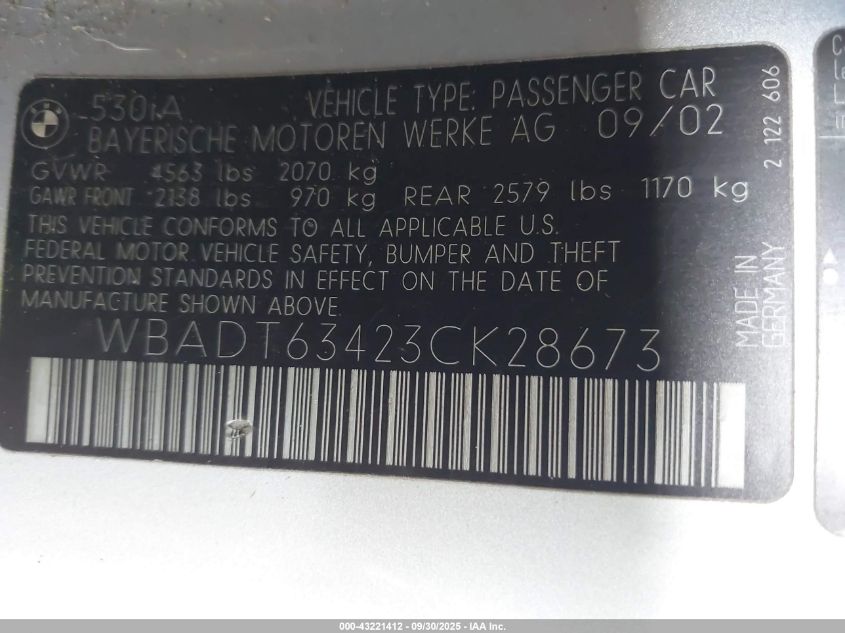 2003 BMW 530Ia VIN: WBADT63423CK28673 Lot: 43221412