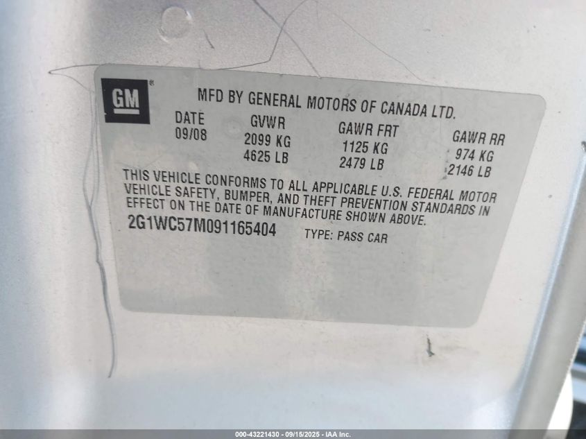 2009 Chevrolet Impala Lt VIN: 2G1WC57M091165404 Lot: 43221430