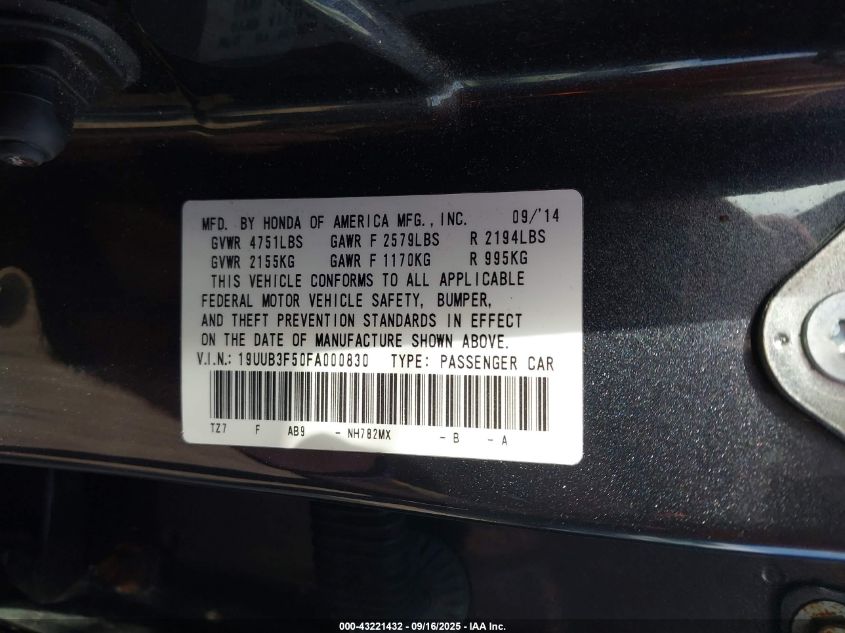 2015 Acura Tlx V6 Tech VIN: 19UUB3F50FA000830 Lot: 43221432