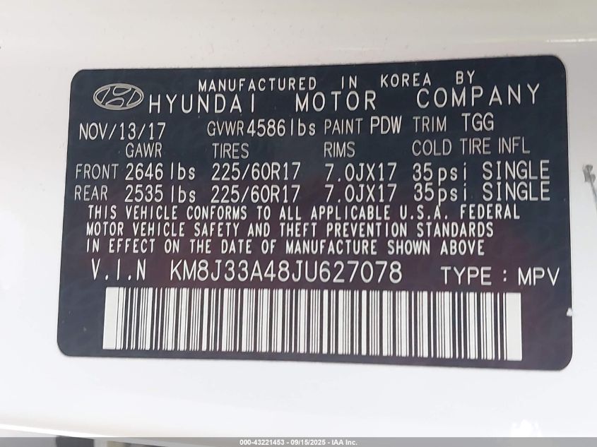 2018 Hyundai Tucson Sel VIN: KM8J33A48JU627078 Lot: 43221453