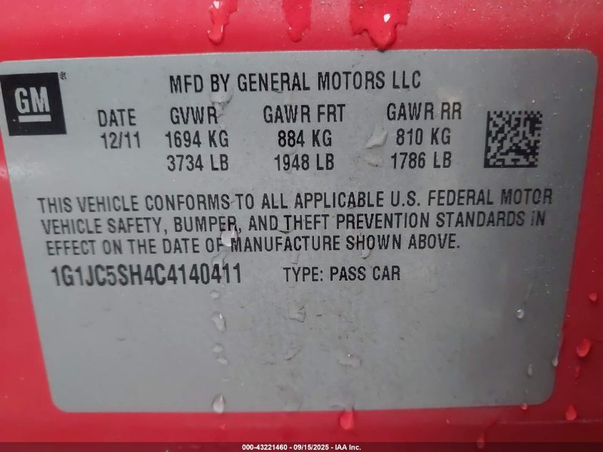 2012 Chevrolet Sonic 2Lt VIN: 1G1JC5SH4C4140411 Lot: 43221460