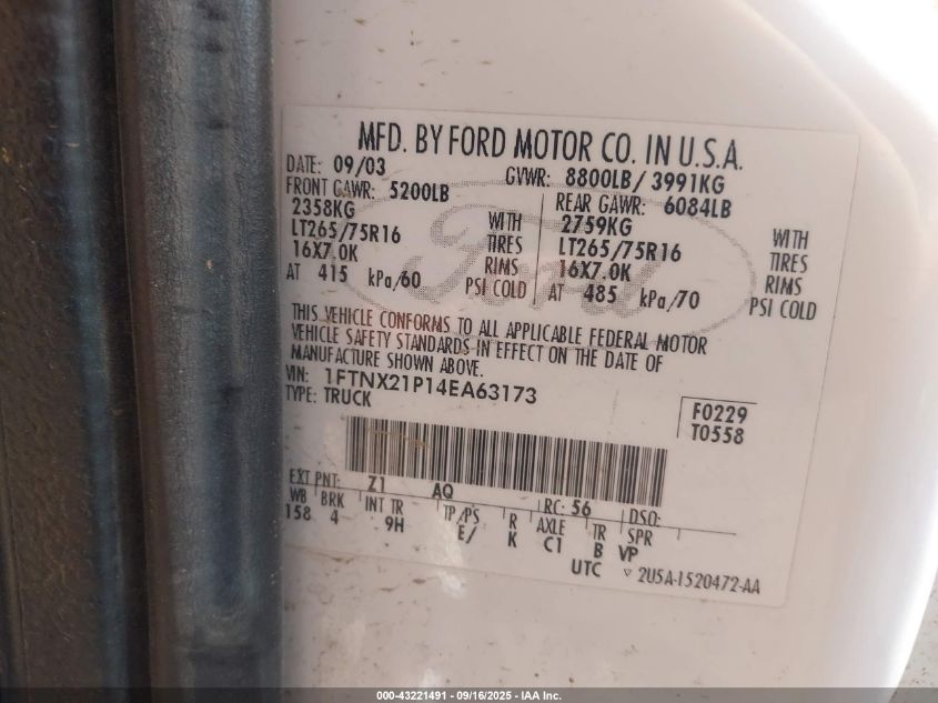 2004 Ford F-250 Lariat/Xl/Xlt VIN: 1FTNX21P14EA63173 Lot: 43221491