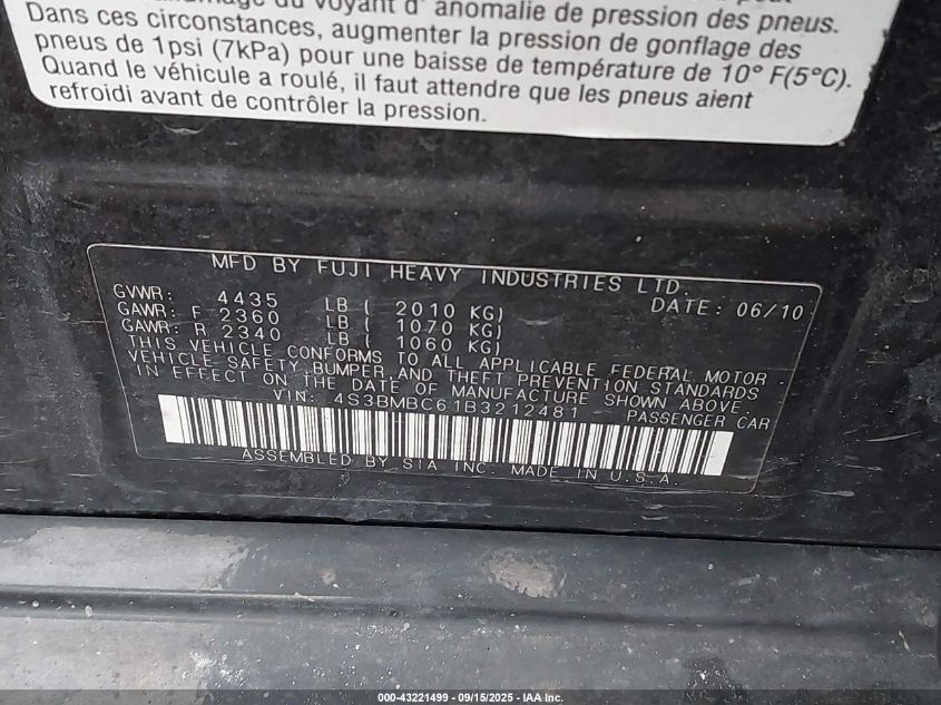 2011 Subaru Legacy 2.5I Premium VIN: 4S3BMBC61B3212481 Lot: 43221499