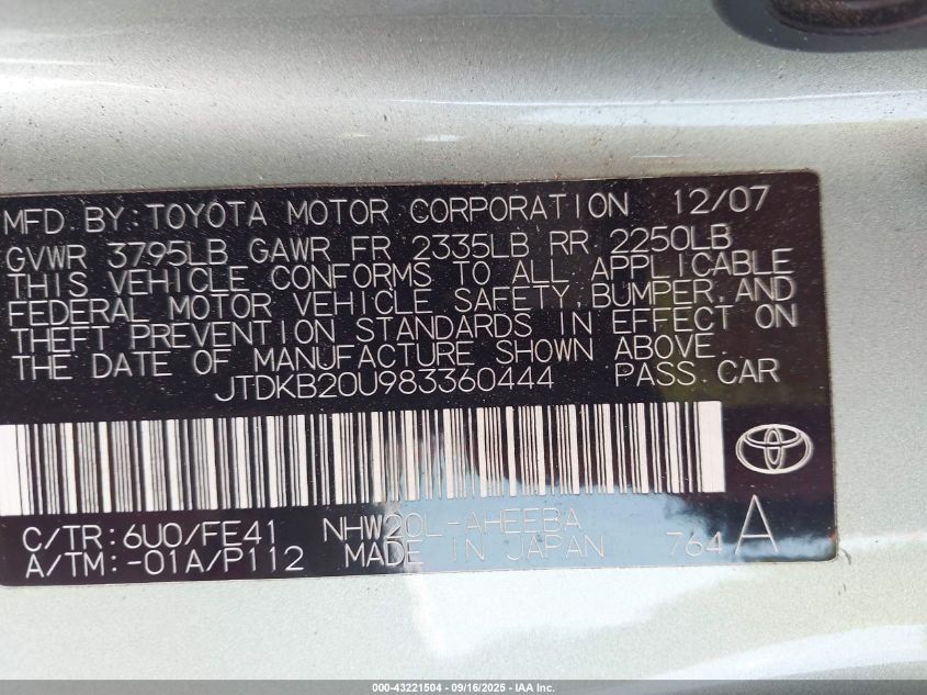 2008 Toyota Prius VIN: JTDKB20U983360444 Lot: 43221504