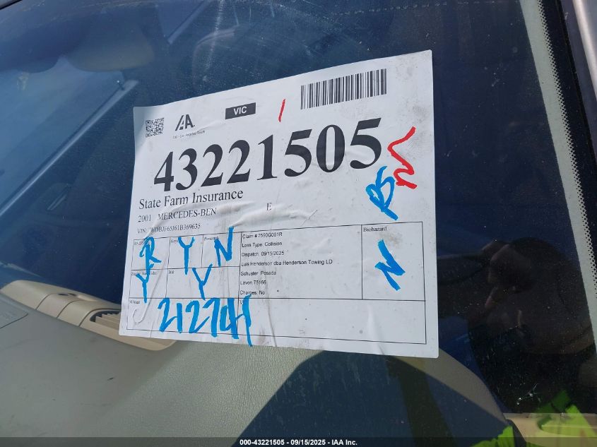 2001 Mercedes-Benz E 320 VIN: WDBJF65J61B369635 Lot: 43221505