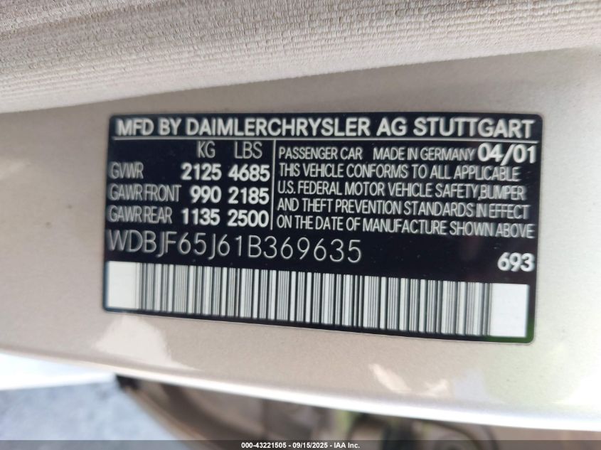 2001 Mercedes-Benz E 320 VIN: WDBJF65J61B369635 Lot: 43221505