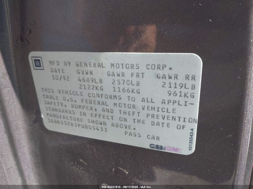 1993 Cadillac Seville VIN: 1G6KS52B5PU805433 Lot: 43221510