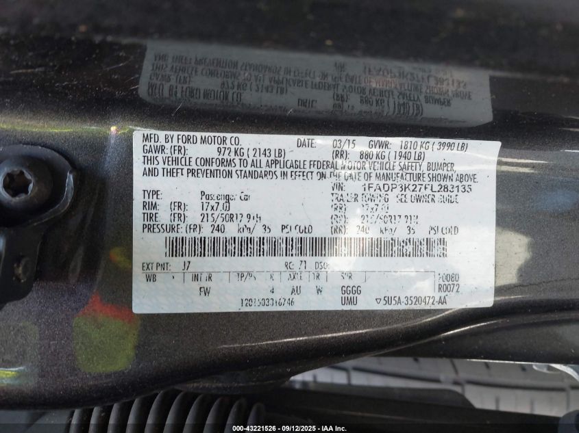 2015 Ford Focus Se VIN: 1FADP3K27FL283135 Lot: 43221526